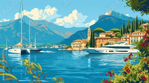 Mediterranean romantic landscape with sea, yachts and mountains in the background. Handmade drawing vector illustration