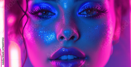 Colorful Neon Beauty: A Glowing Fantasy Portrait of a Young Woman with Bright Blue Make-Up and Vibrant Purple Lips