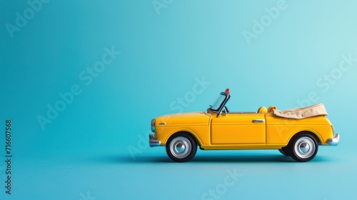 Model of yellow retro toy car cabriolet on solid blue background. Miniature car side view with copy space © Orxan