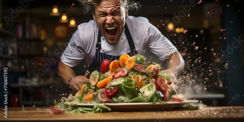 Energetic chef enthusiastically tossing a colorful salad in a modern kitchen setup. dynamic food preparation scene. AI