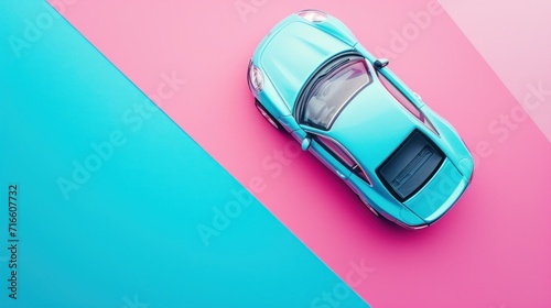 Model toy car on a blue-pink background. Top view. Flat lay