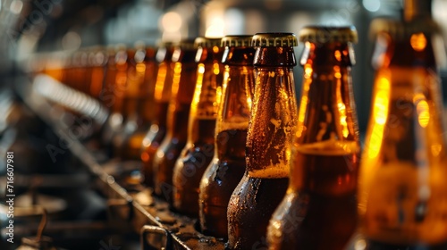 Bottles of beer on a conveyor belt in a factory.