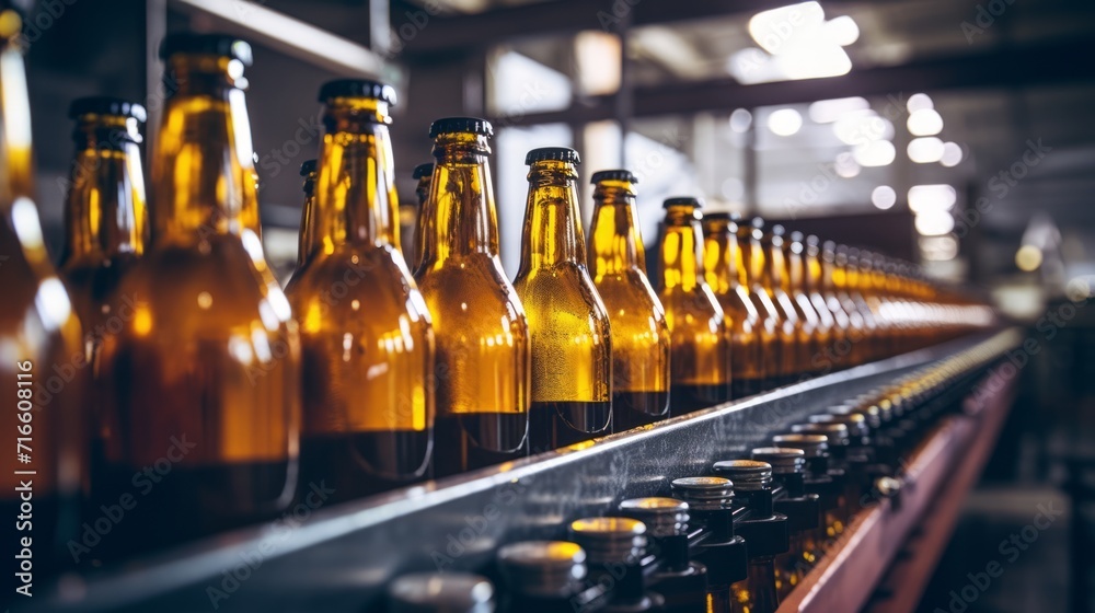 Bottles of beer on a conveyor belt in a factory. Bottles of beer on a conveyor belt in a factory.