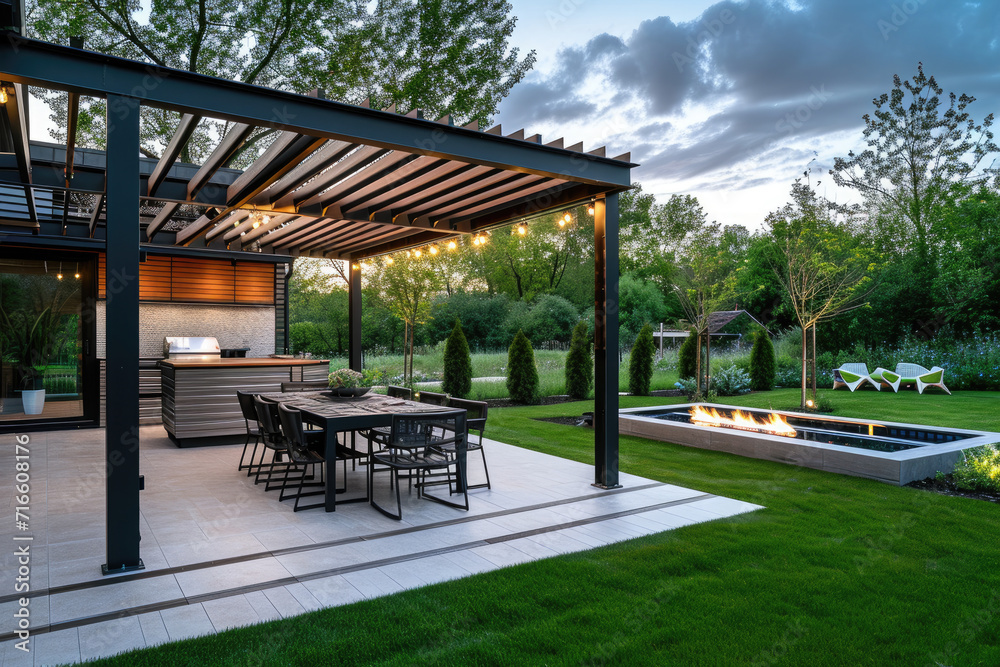 Modern patio furniture includes a pergola shade structure, an awning, a patio roof, a dining table, seats, and a metal grill, grass lawn and glowers garden