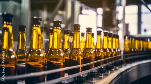 Bottles of beer on a conveyor belt in a factory.