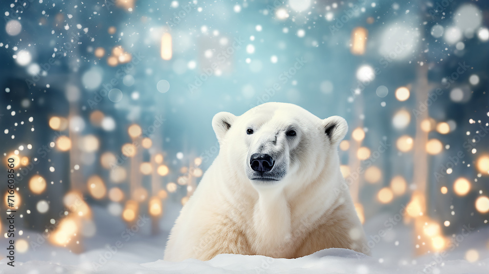 polar bear on Christmas background with lights and blurred bokeh, happy new year letterhead with copy space