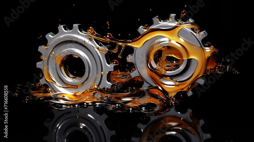 two gears on a black background, working in cooperation, covered with engine oil, the systematic work of the team