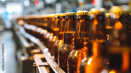 Bottles of beer on a conveyor belt in a factory. photo