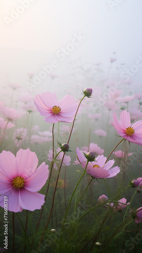 vertical background delicate pink flowers, wild field daisies in the morning mist, spring landscape view