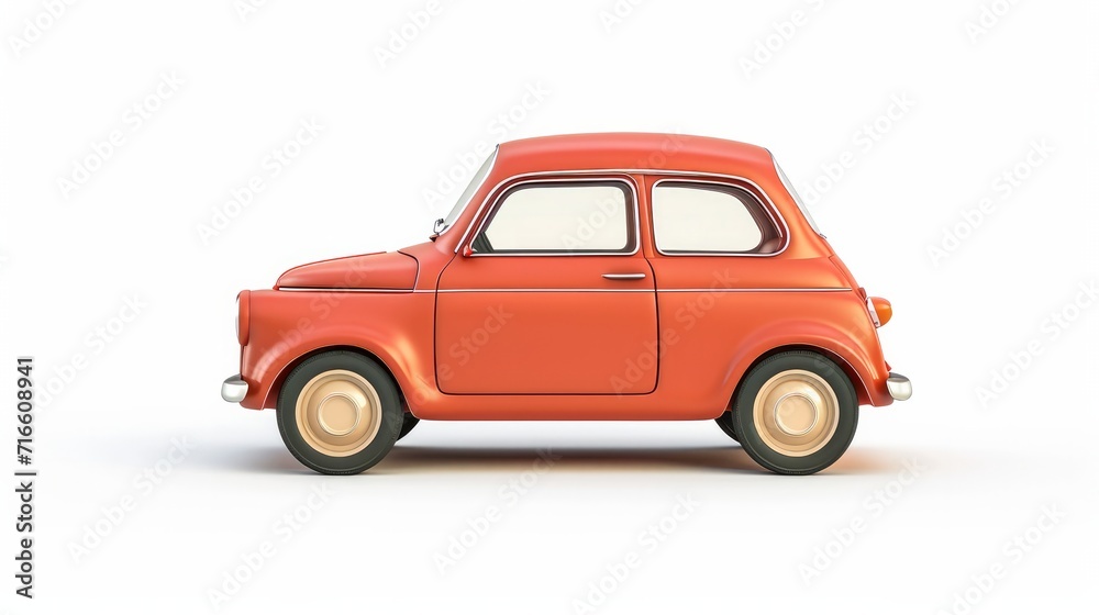 Small and cute cartoon bunchy retro car, side view, isolated on white background. 3d illustration