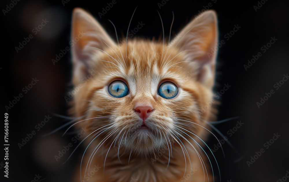 Portrait of a small cat in frontal position. Cinematic lighting and black background.