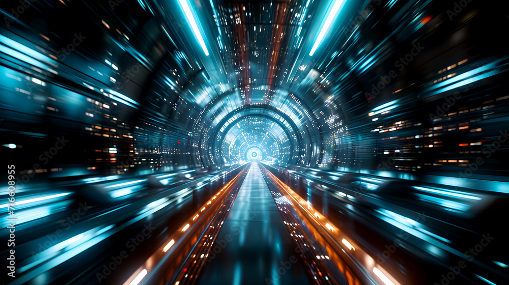 Abstract Background with Futuristic Concept. Illuminated Tunnel of Energy with Fast Speed Lighting, Dynamic Motion, Technological Innovation. Fast-paced Technology, and High-Speed flowing.