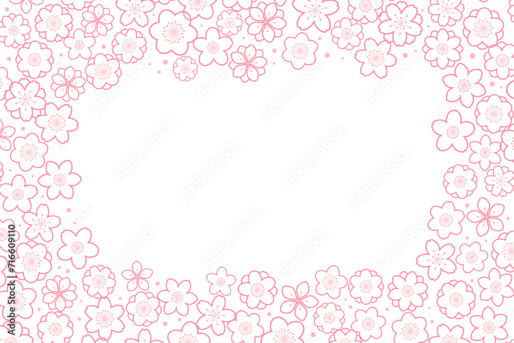 Spring flowers, blossoms, blooms, floral frame. Rectangular border with copy space on transparent background. Line art style vector illustration. Abstract geometric design. Concept seasonal banner