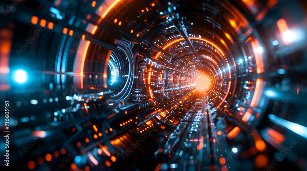 Obraz premium Abstract Background with Futuristic Concept. Illuminated Tunnel of Energy with Fast Speed Lighting, Dynamic Motion, Technological Innovation. Fast-paced Technology, and High-Speed flowing.