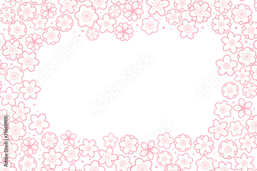 Spring flowers, blossoms, blooms, floral frame. Rectangular border with copy space on transparent background. Line art style vector illustration. Abstract geometric design. Concept seasonal banner © Maria Skrigan