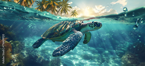 Photo sea turtle swimming in the sea - a turtle swimming and swimming under the ocean,