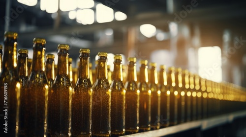 Bottles of beer on a conveyor belt in a factory.