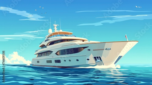 Super motor yacht at sea. Vector illustration of yacht or vessel with solid background. Luxurious ship for trip or party in the ocean, yacht illustration for rent or for sale, boat icon on the ocean photo