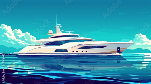 Super motor yacht at sea. Vector illustration of yacht or vessel with solid background. Luxurious ship for trip or party in the ocean, yacht illustration for rent or for sale, boat icon on the ocean © Orxan