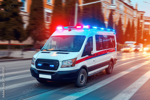 A modern ambulance drives quickly along a city street photo