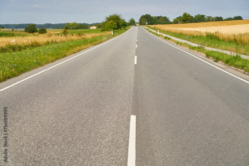 Empty asphalt road through wheat field in summer in Sweden