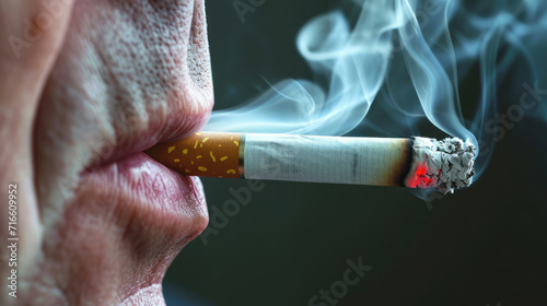 close-up of a cigarette in the mouth of an adult man, side view