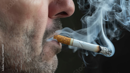 close-up of a cigarette in the mouth of an adult man on a black background, side view