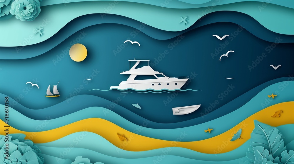 Top view river and yacht in paper cut style. 3d seaside background with pleasure boat on the lake in summertime in papercut art. Vector card illustration cut out deep wavy modern cover Top view river and yacht in paper cut style. 3d seaside background with pleasure boat on the lake in summertime in papercut art. Vector card illustration cut out deep wavy modern cover