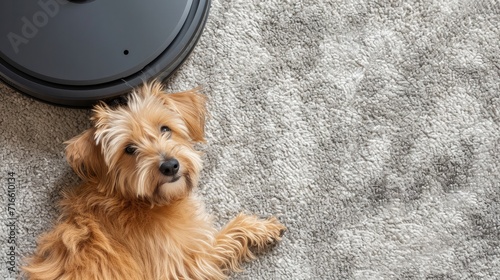 Top view at shaggy pet dog lying on carpet with robot vacuum cleaner, smart home system, copy space photo