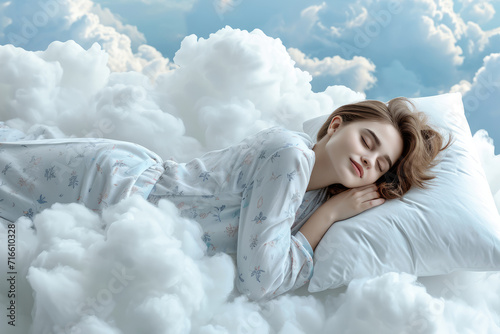 side view of happy young woman in pajamas sleeping on white clouds in the sky