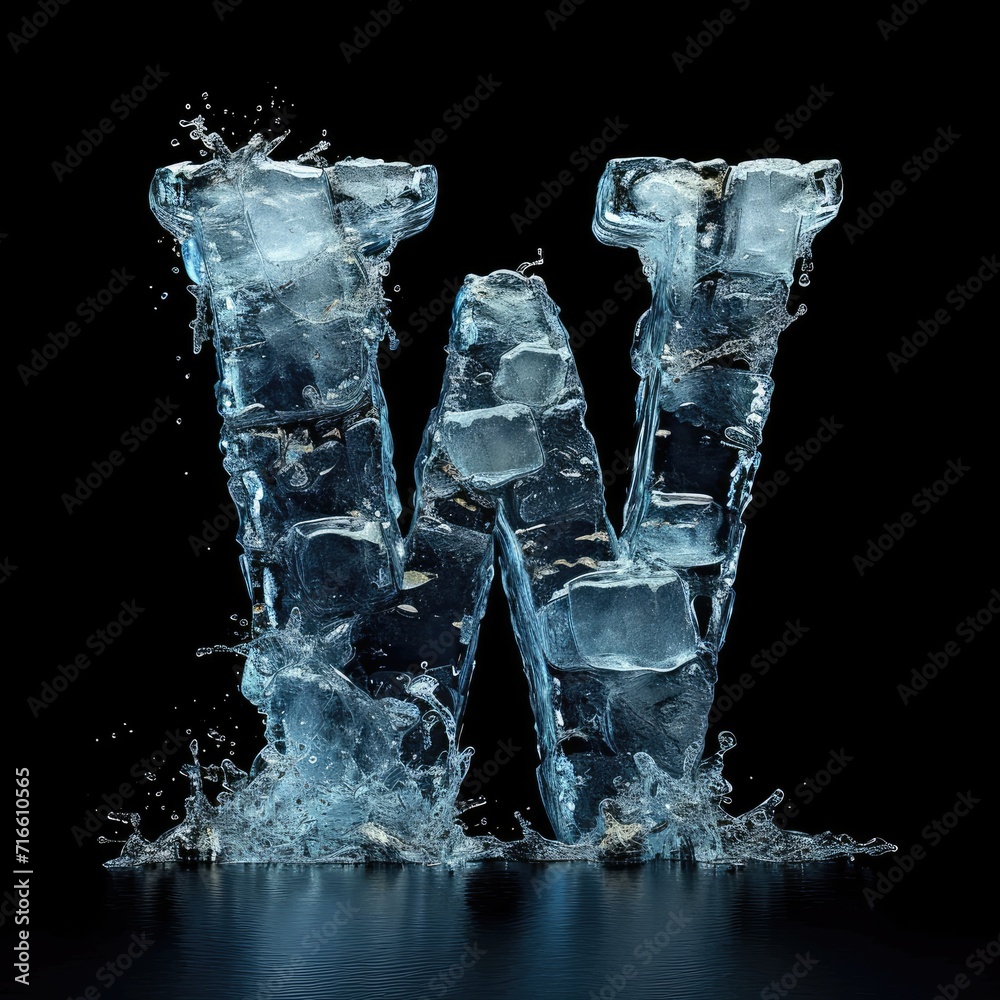 the letter W made of smooth perfect ice, black background