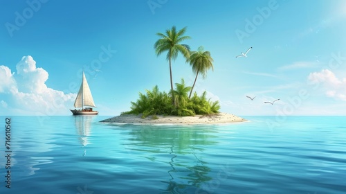 Vector 3d illustration of tourist island with palm tree and yacht on the sea  uninhabeted island eco tourism vacation