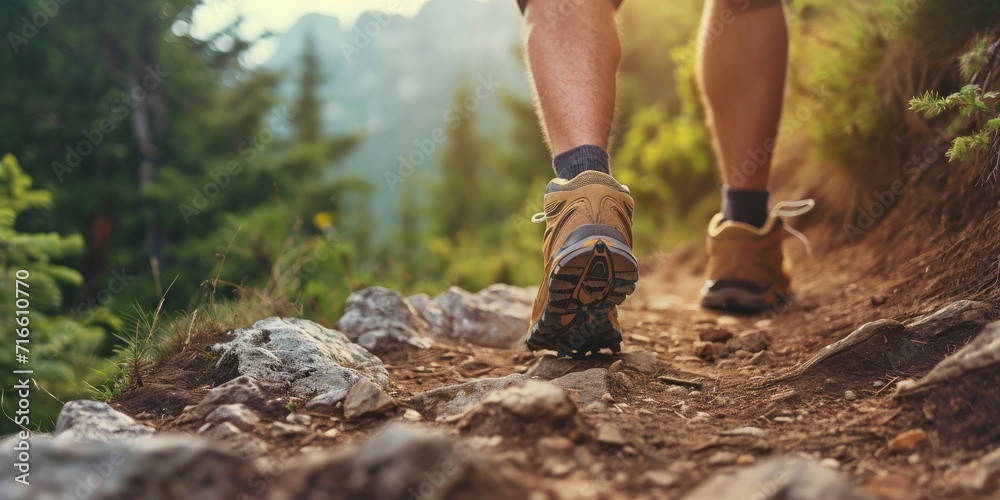 Athletic man running on a mountain path. Close-up of legs of male runner in nature