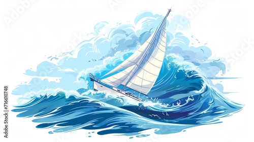 Yacht on the sea wave. Vector illustration of a yacht with sails located on the crest of a sea wave. Sketch for creativity