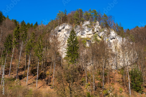 Typical rock formation in the Wiesent Valley in Franconian Switzerland/Germany on a sunny spring day