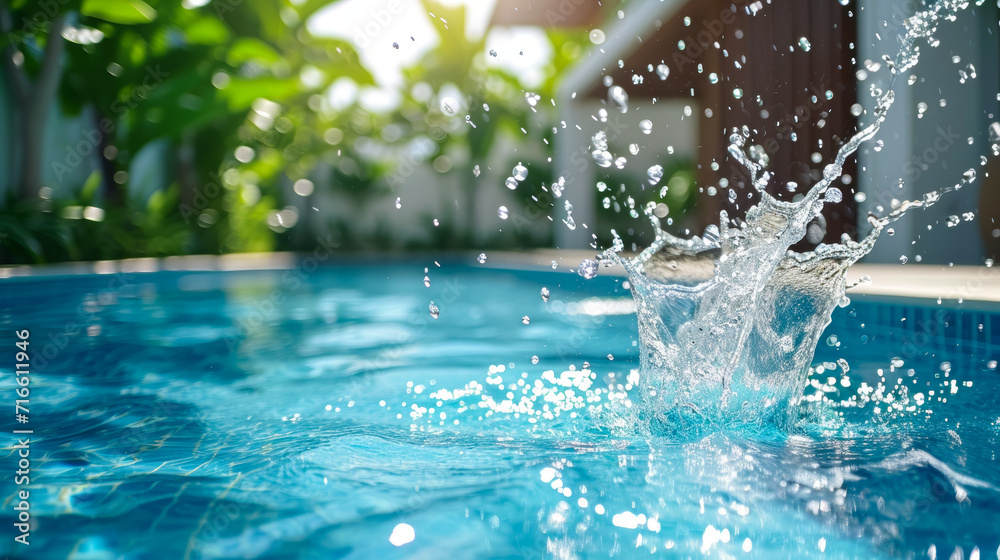 A splash of refreshing water leaps from a crystal-clear pool, captured mid-air, showcasing the essence of vitality and the pure joy of a carefree summer day