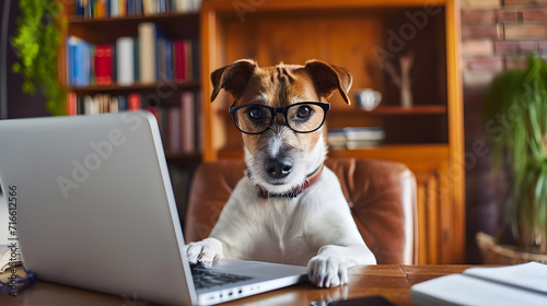 dog behaving as a human sitting at a desk with a laptop, typing away as if working from home