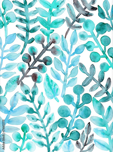 Floral leaves pattern in turquoise blue on white background. Watercolor painting. Blue leaves ornament. Botanical art for fabric, textile, card, interior. Hand painted fall leaves. Watercolor art. 