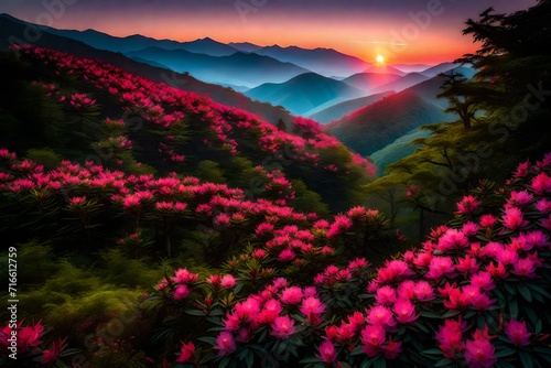 sunset in the mountains with red roses