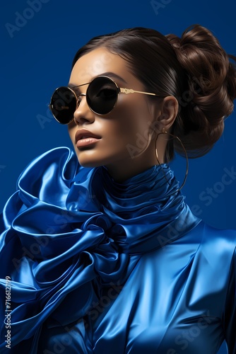 A dynamic image featuring a model in a high-fashion ensemble against an electric blue backdrop  exuding confidence and style