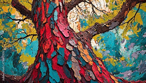 a stylized and vibrant texture of tree bark, using bold colors and dynamic strokes to create an artistic representation while maintaining the essence of trees.