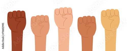 Raised fist gesture. Human hands up in the air. Symbol of love, diversity. Human rights, feminism, equality, women's day concept. Black lives matter movement. Vector illustration in hand drawn style photo