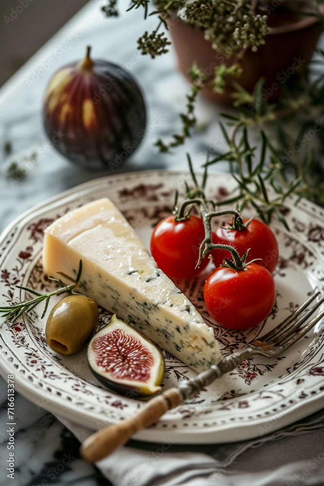 On a beautiful plate is a salad of fresh vegetables, red tomatoes, cheese with blue mold, figs and lettuce leaves. A healthy balanced diet and a sports diet.