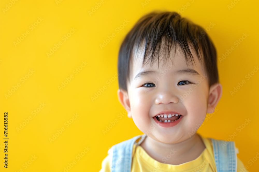 A cute happy Asian toddler in front of a yellow background A cute happy Asian toddler in front of a yellow background