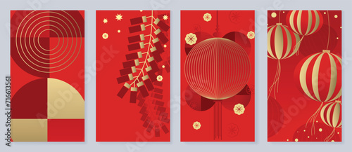 Chinese New Year cover background vector. Luxury background design with chinese lantern, firecracker, flower, sparkle. Modern oriental illustration for cover, banner, website, social media.