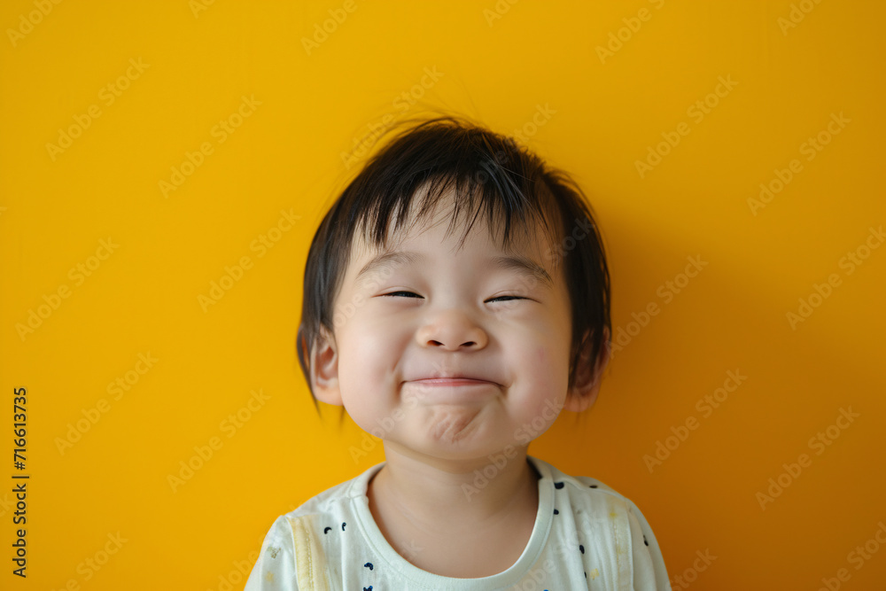 A cute happy Asian toddler in front of a yellow background A cute happy Asian toddler in front of a yellow background