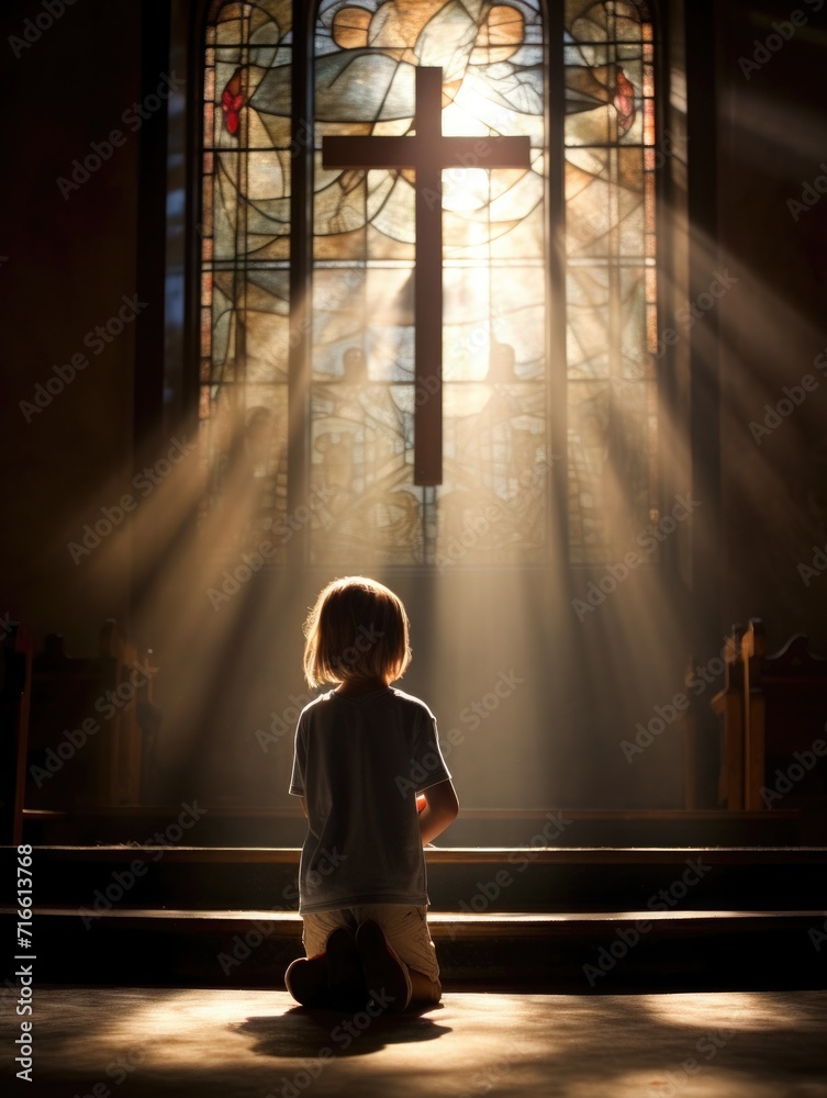 Obraz na płótnie baby's first communion in church. a child prays near a stained glass window. faith Hope. kid folded his hands in prayer w salonie