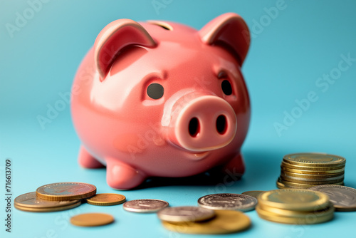 Sad Piggy Bank Amidst Financial Uncertainty with Gold Coins on Blue Background