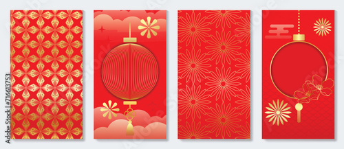 Chinese New Year cover background vector. Luxury background design with chinese pattern, flower, lantern cloud. Modern oriental illustration for cover, banner, website, social media.