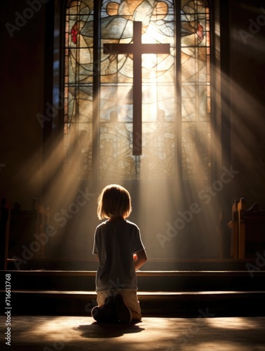 baby's first communion in church. a child prays near a stained glass window. faith Hope. kid folded his hands in prayer
